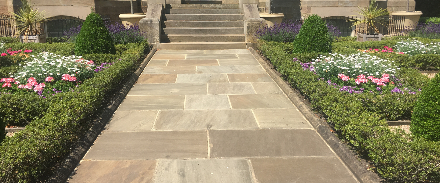 Raj Green Indian Sandstone slabs – a popular choice for timeless, natural paving with warm, earthy tones, perfect for patios, paths, and driveways.